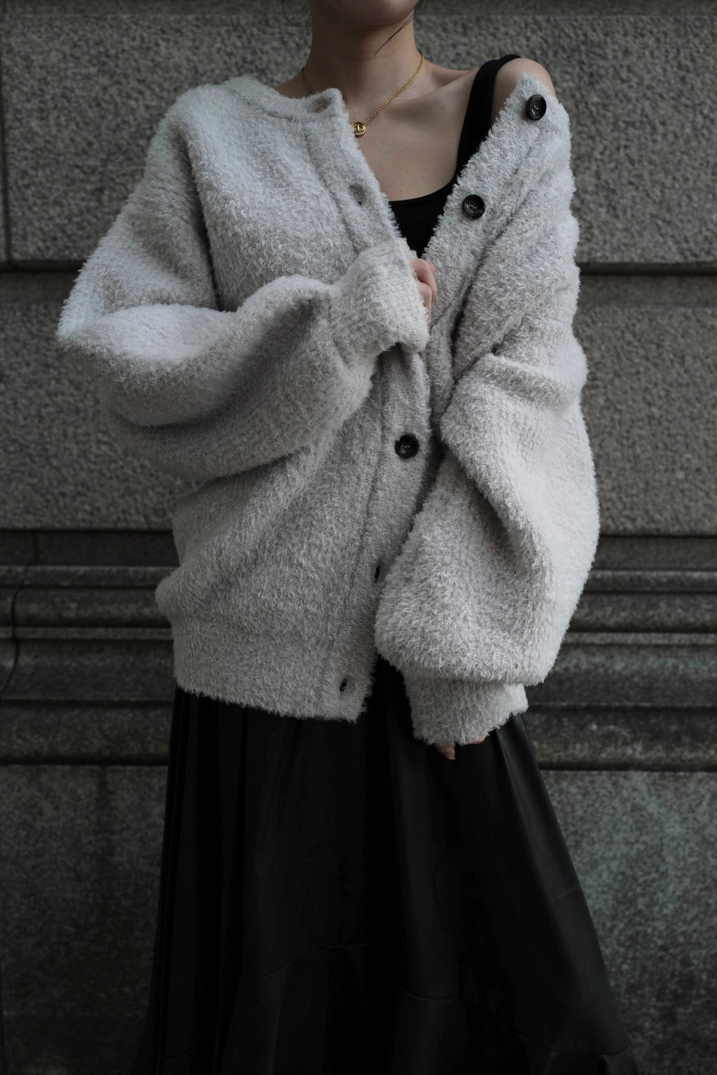 poodle sleeve knit cardigan / grayファーコート