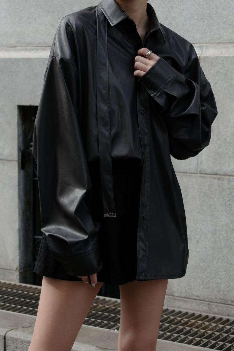 Dropping tie vegan leather shirts - Black